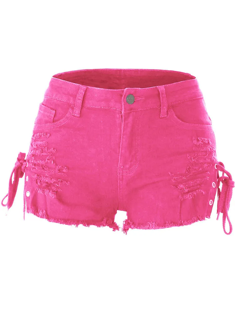 High Waist Ripped Lace Up Tassel Shorts