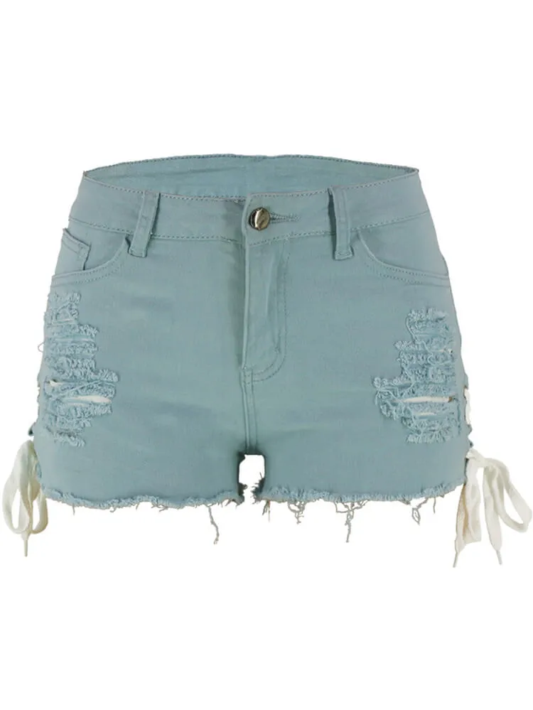 High Waist Ripped Lace Up Tassel Shorts