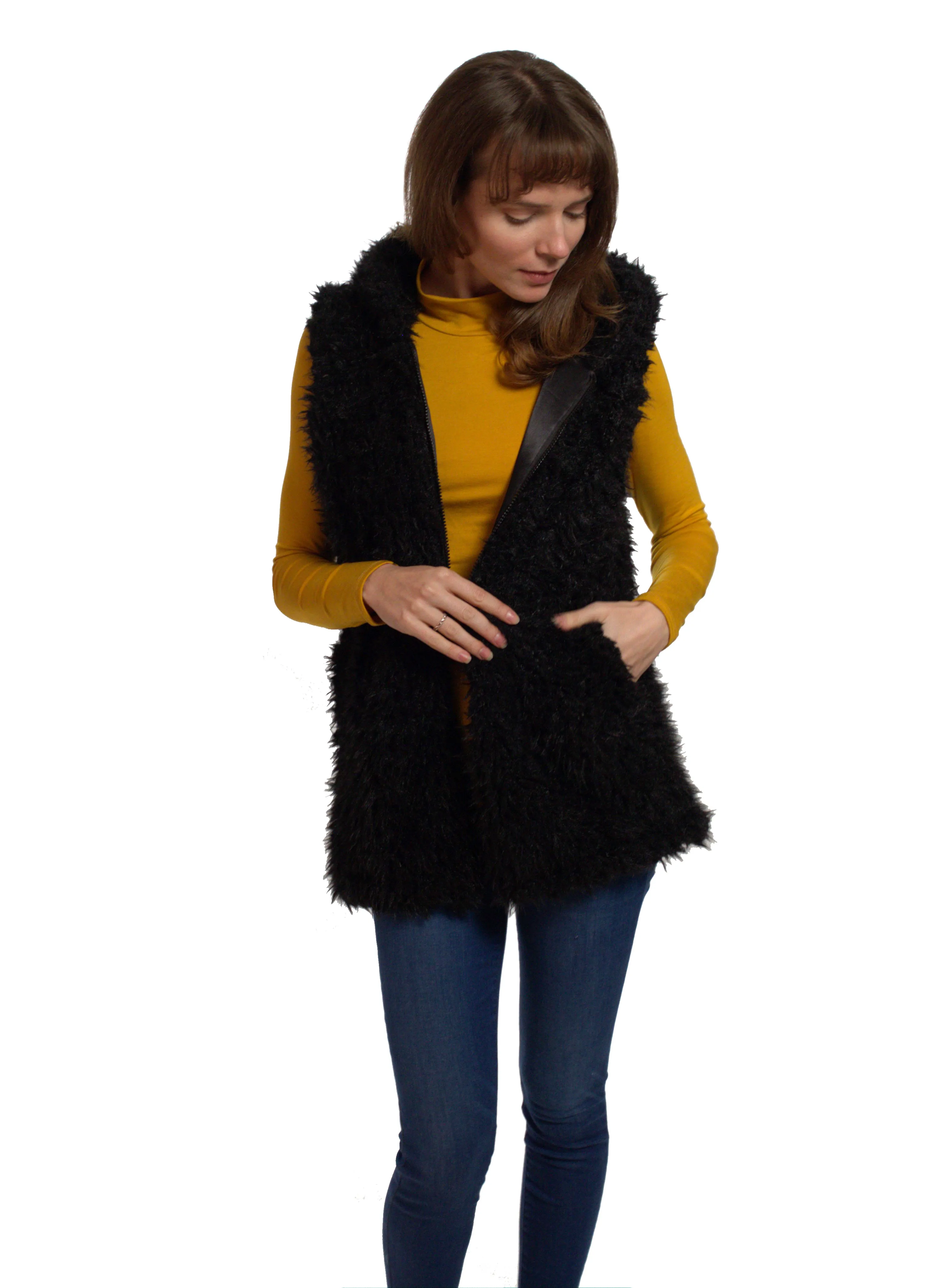 Hooded Vest with Faux Fur and Pockets