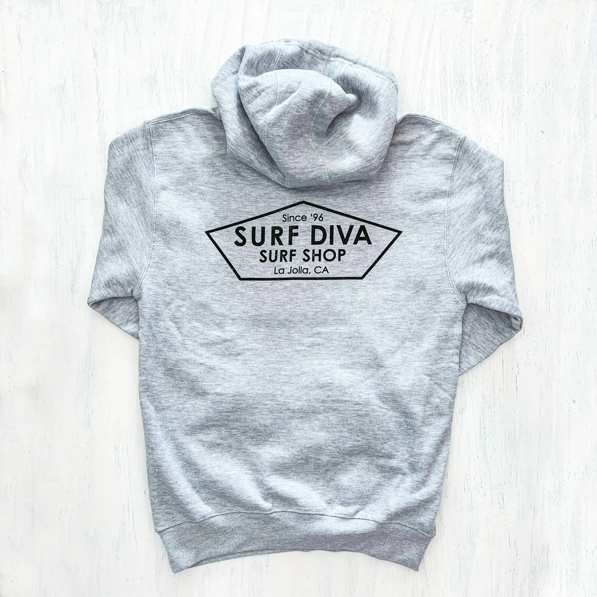 HOODIE SWEATSHIRT with SURF DIVA SURF SHOP (light grey)