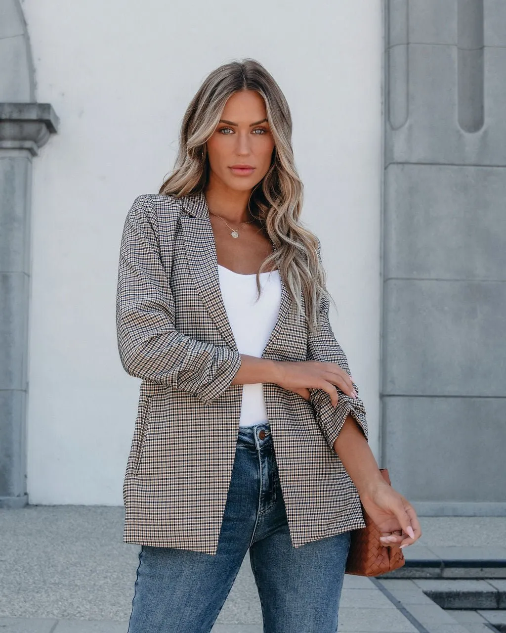 Khaki Plaid Ruched Open Front Blazer - FINAL SALE