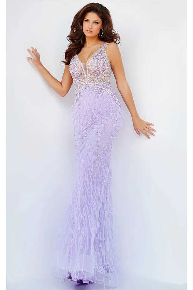 kori | Beaded Bodice Feather Evening Gown | Jovani 03023