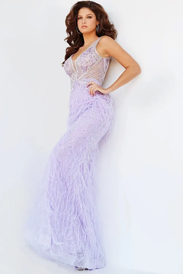 kori | Beaded Bodice Feather Evening Gown | Jovani 03023