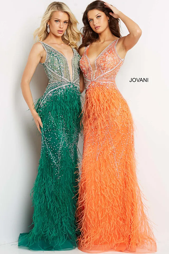 kori | Beaded Bodice Feather Evening Gown | Jovani 03023