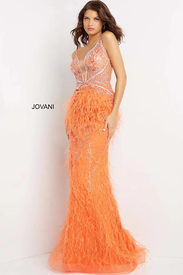 kori | Beaded Bodice Feather Evening Gown | Jovani 03023