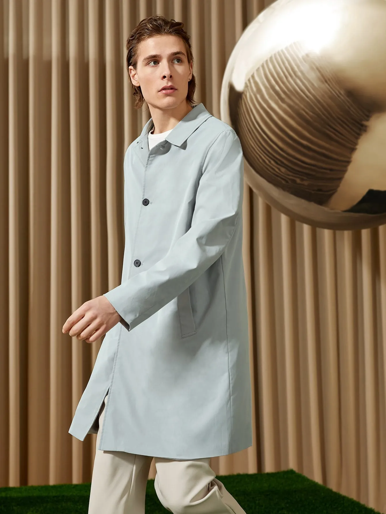 Light Grey Split Hem Single Breasted Placket Coat