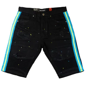 M785 Motobiker Shorts With Paint Splatter Side Taping - Black