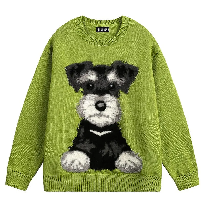 Puppy pattern round neck sweater for men and women autumn retro lazy style couple casual bottoming sweater