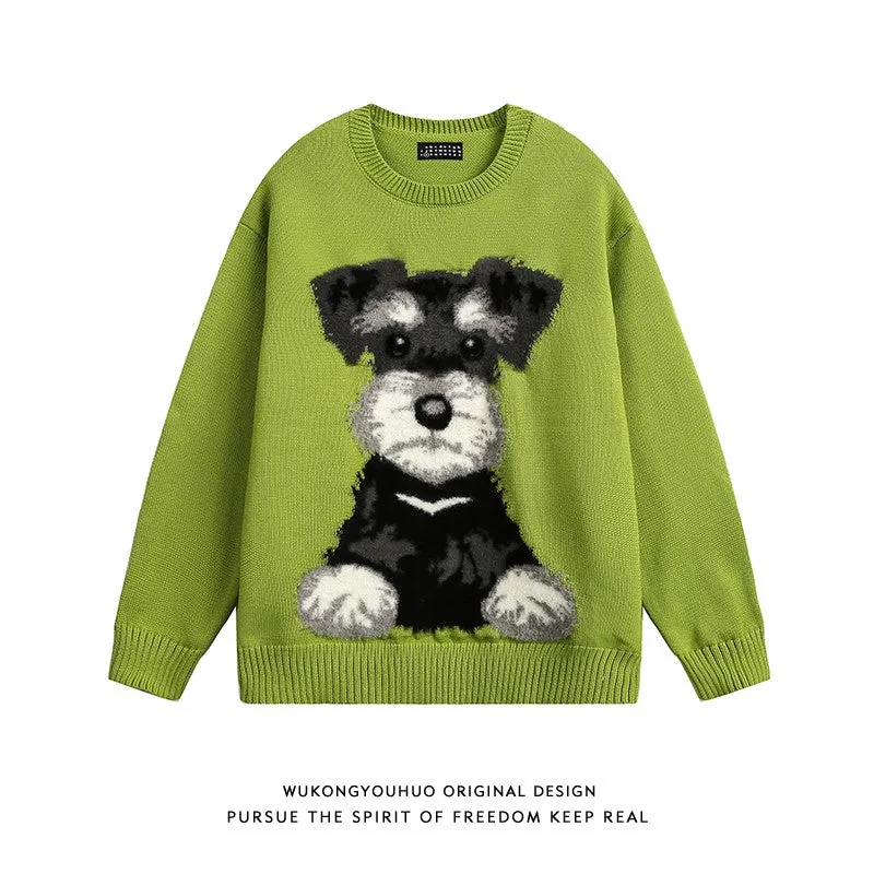 Puppy pattern round neck sweater for men and women autumn retro lazy style couple casual bottoming sweater