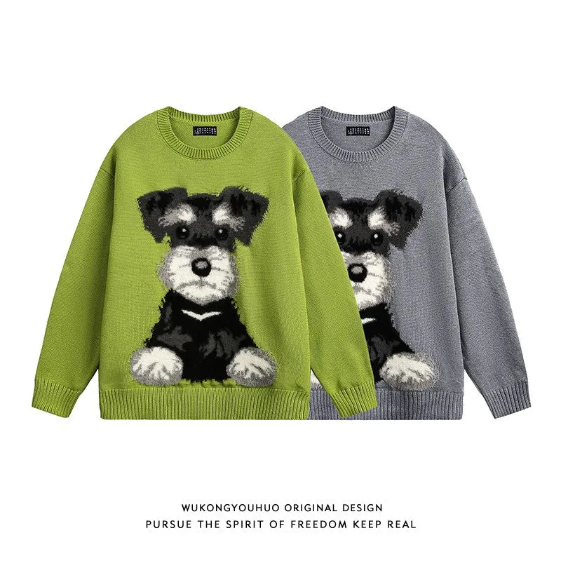 Puppy pattern round neck sweater for men and women autumn retro lazy style couple casual bottoming sweater