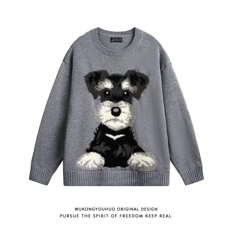 Puppy pattern round neck sweater for men and women autumn retro lazy style couple casual bottoming sweater