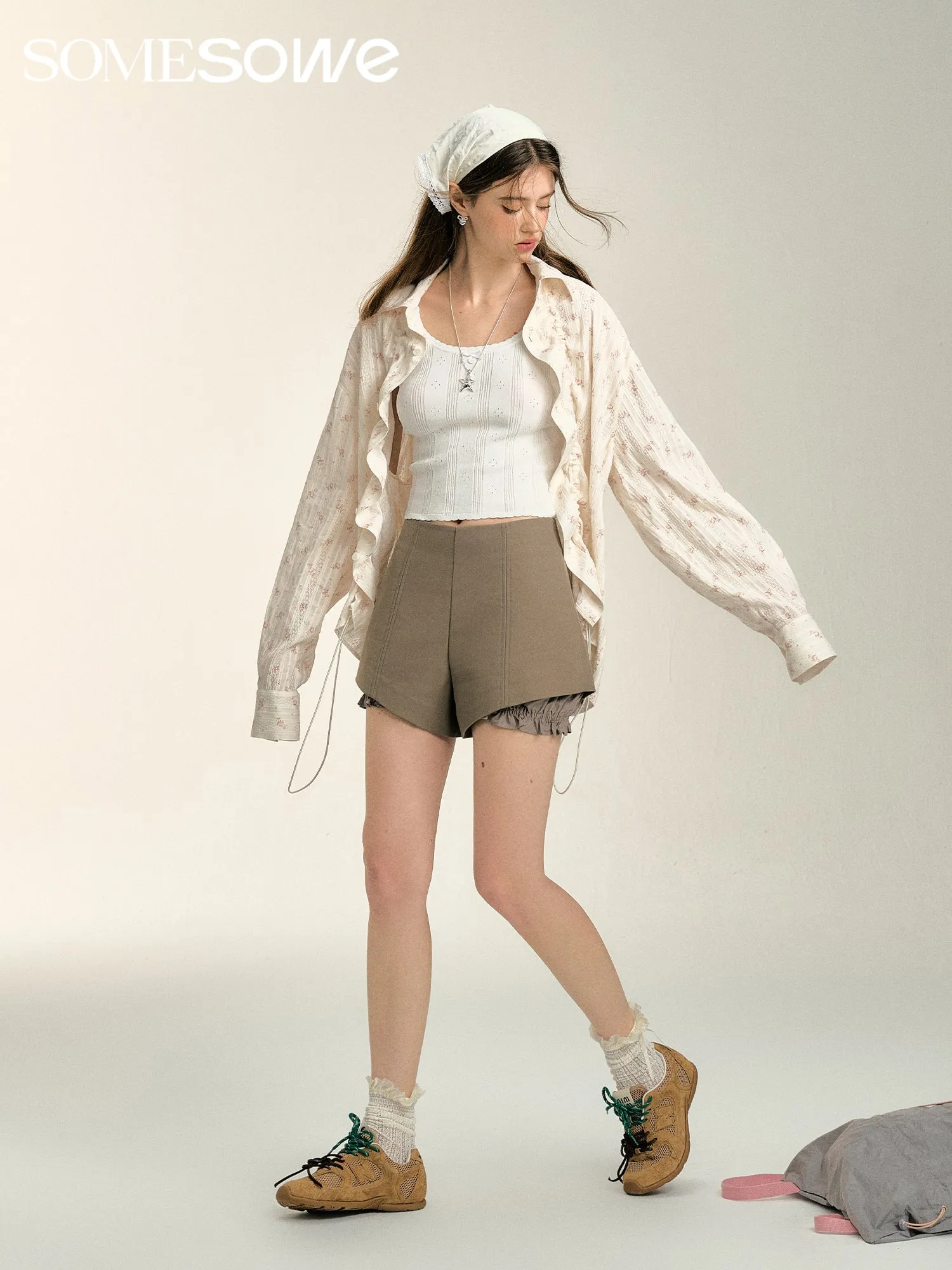 Ripped Patchwork Layered Bud Shorts in Khaki