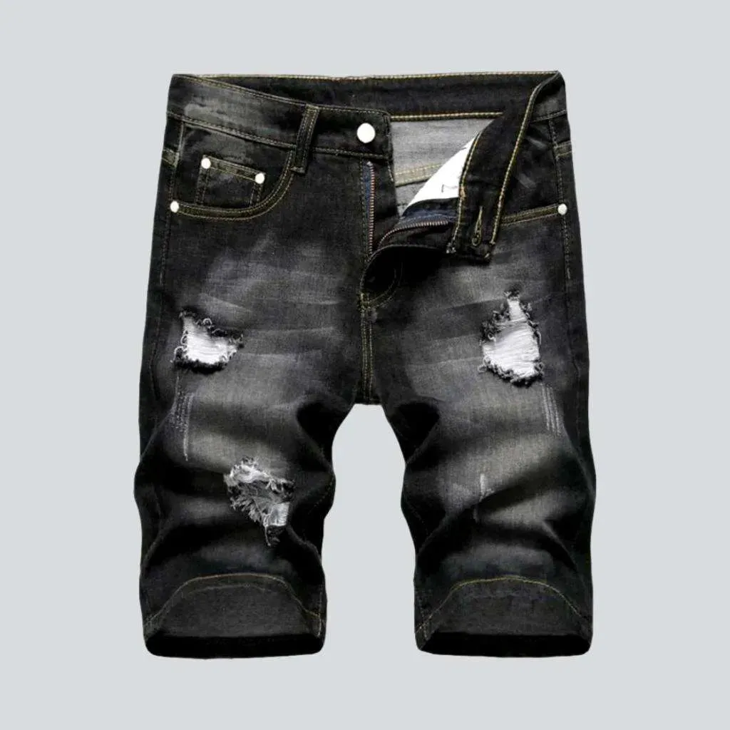 Ripped slim men's denim shorts