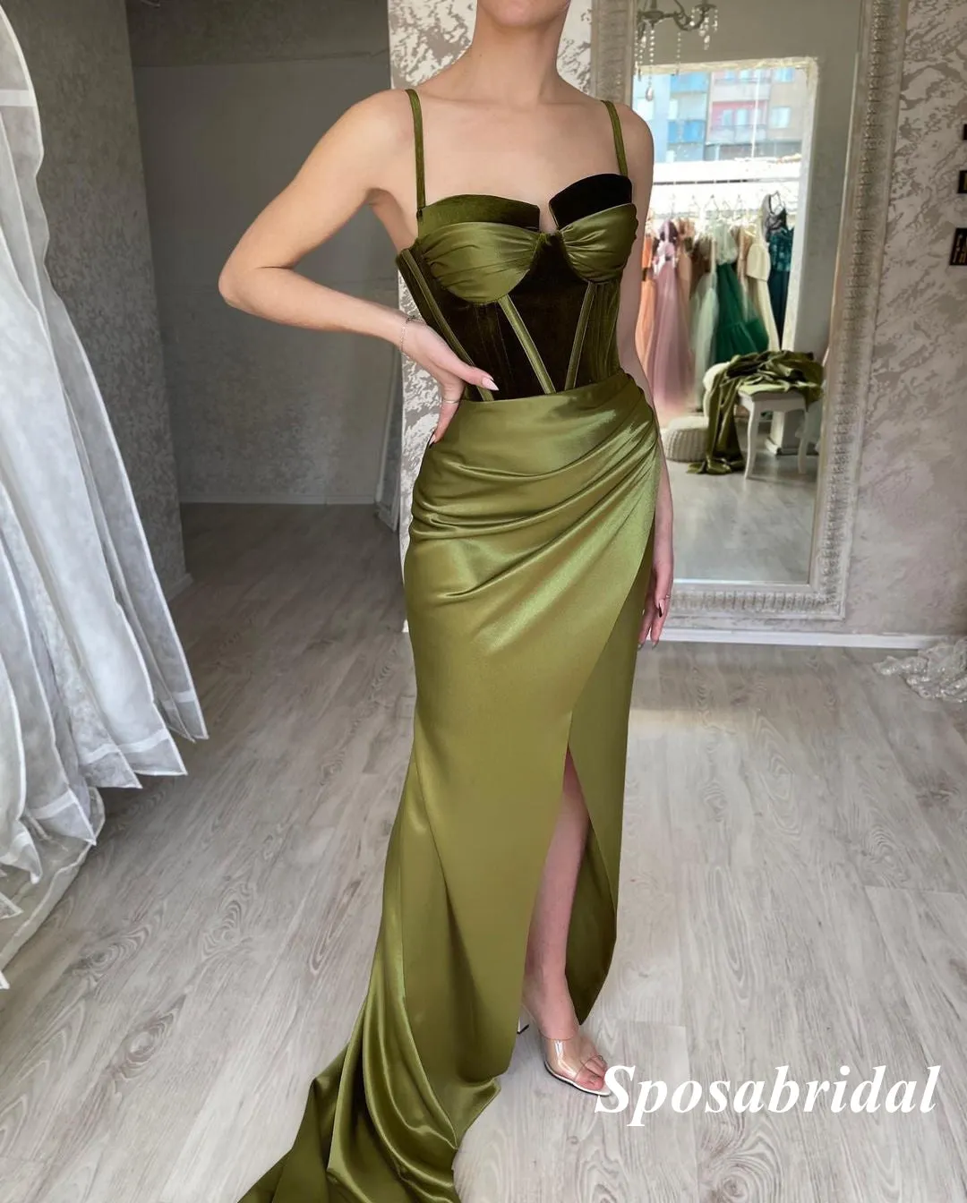 Sexy Soft Satin And Velvet Spaghetti Straps Side Slit Mermaid Long Prom Dresses, PD3767