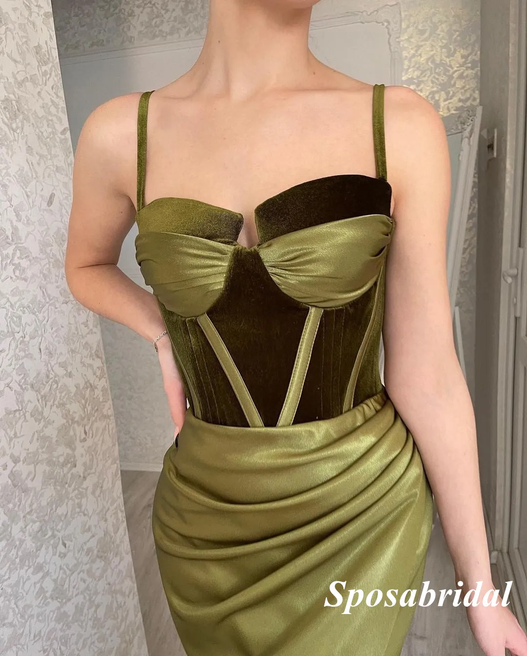 Sexy Soft Satin And Velvet Spaghetti Straps Side Slit Mermaid Long Prom Dresses, PD3767