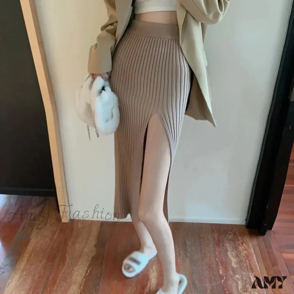 Sexy Split Slim-Fit Slimming Knitted Elegant Solid Color High Waist Elastic All-Match Simple Skirt