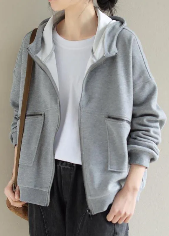 Simple Light Gray Fashion Coat For Woman Tops Hooded Zip Up Spring Coats