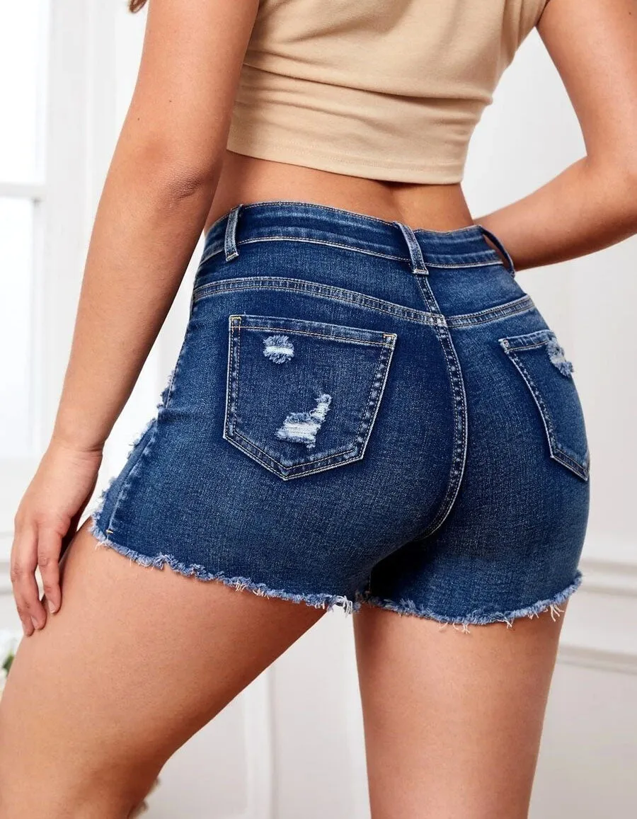 Solid-color Ripped Pocket High Waist Slim Fit Denim Shorts