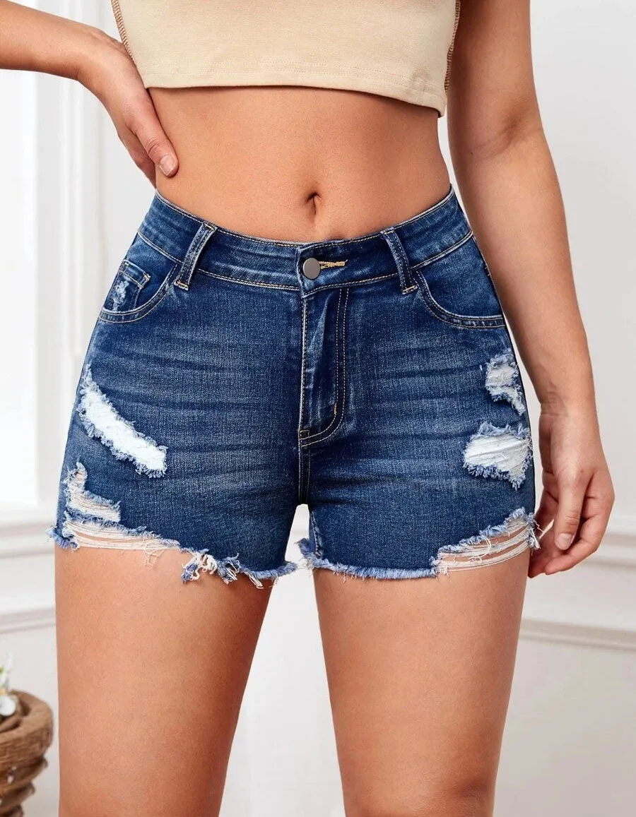 Solid-color Ripped Pocket High Waist Slim Fit Denim Shorts