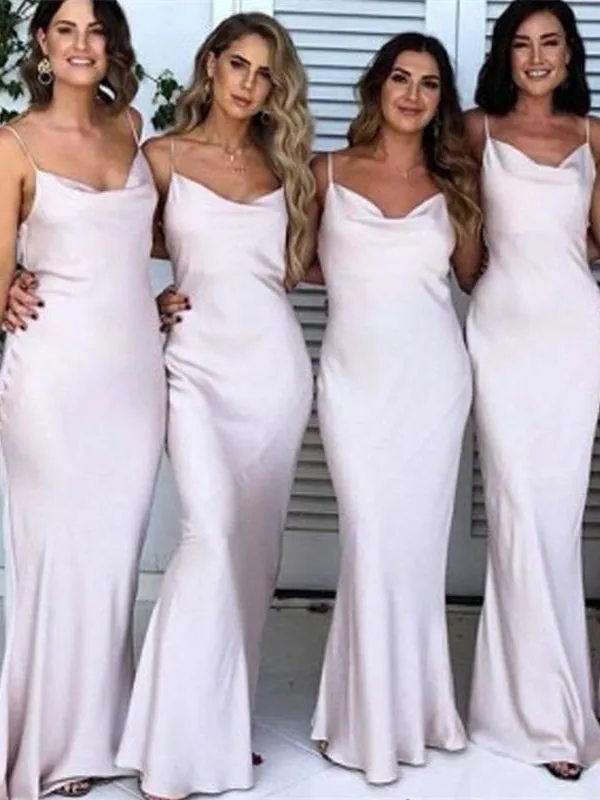 Spaghetti Long Sheath Soft Satin Bridesmaid Dresses