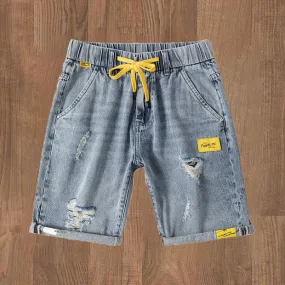 Trendy ripped elastic waist denim shorts