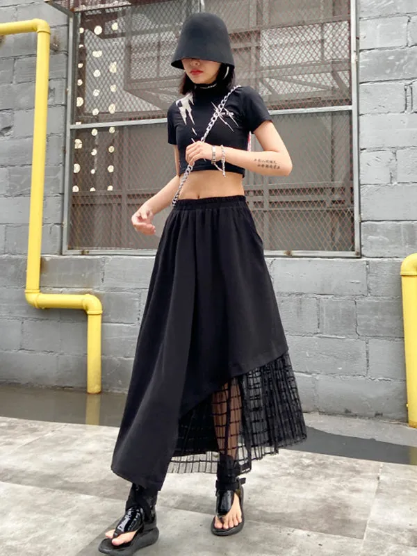 Urban Hollow Irregular Black Mesh Split-Joint Skirts