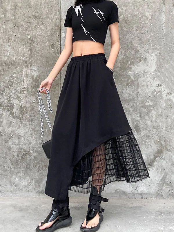 Urban Hollow Irregular Black Mesh Split-Joint Skirts