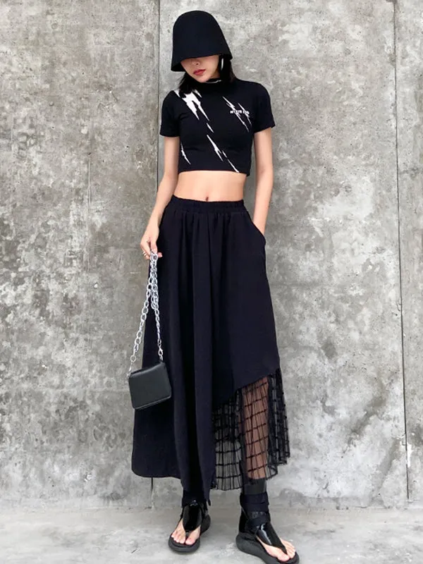 Urban Hollow Irregular Black Mesh Split-Joint Skirts