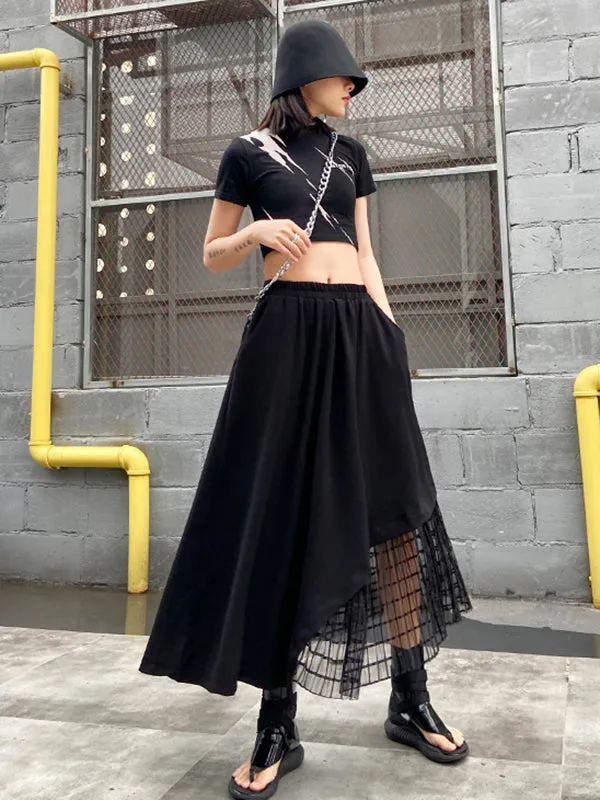 Urban Hollow Irregular Black Mesh Split-Joint Skirts