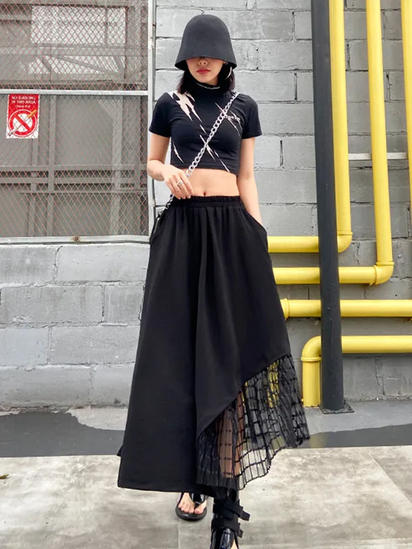 Urban Hollow Irregular Black Mesh Split-Joint Skirts