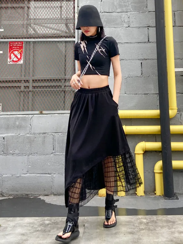 Urban Hollow Irregular Black Mesh Split-Joint Skirts