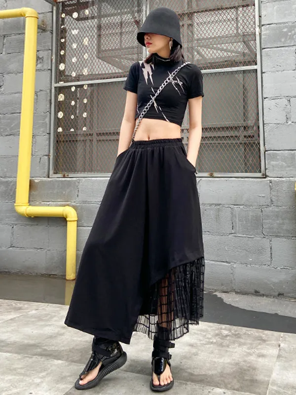 Urban Hollow Irregular Black Mesh Split-Joint Skirts