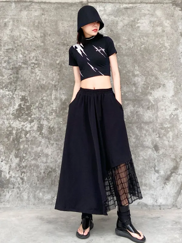 Urban Hollow Irregular Black Mesh Split-Joint Skirts