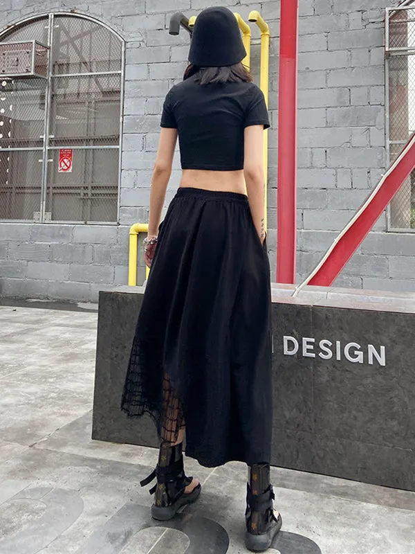 Urban Hollow Irregular Black Mesh Split-Joint Skirts