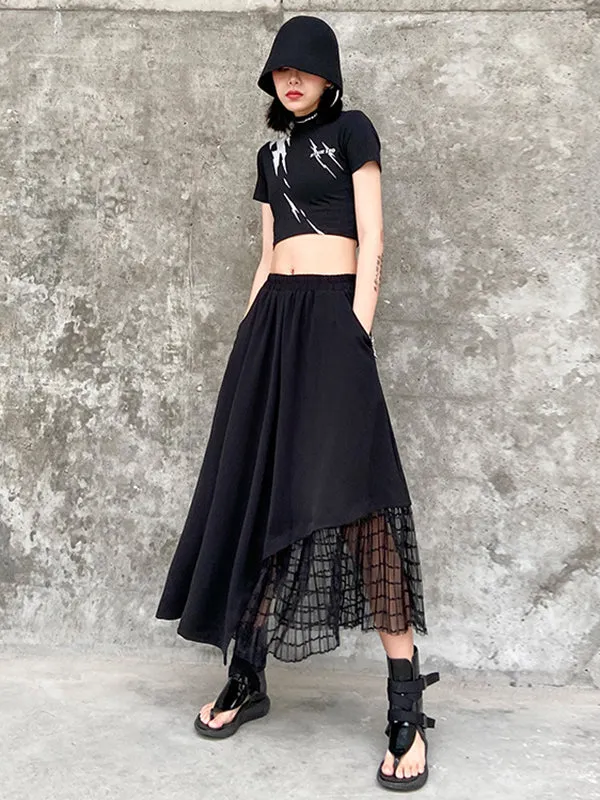 Urban Hollow Irregular Black Mesh Split-Joint Skirts