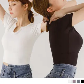 V-NECK SHORT SLEEVE ELASTIC PLAIN BRA TOPS