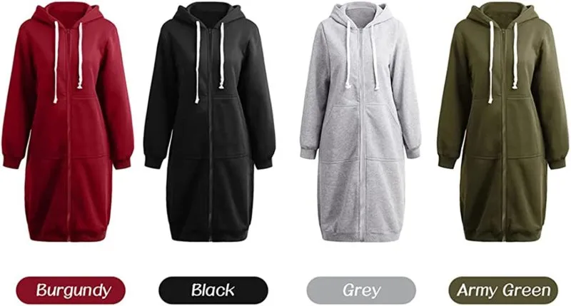 Versear Women Zip up Hoodies Long Sleeves Drawstring Tunic Sweatshirt Casual Long plus Size Jacket Sweatshirt Outerwear with Pockets