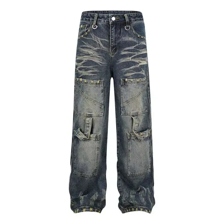 Washed Multi Pockets Baggy Denim Jean