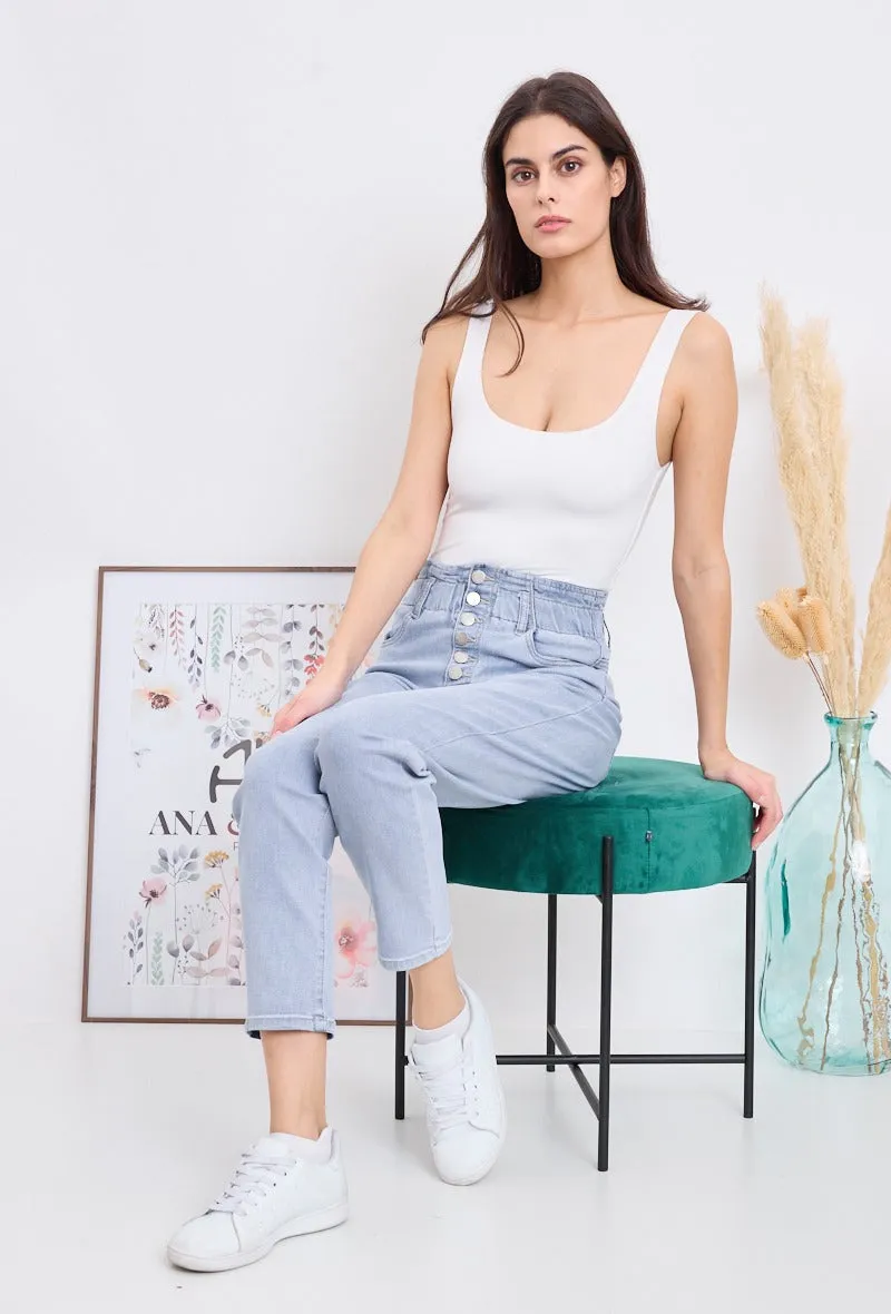 Wholesale Denim Stretch Mom Jeans With Buttons