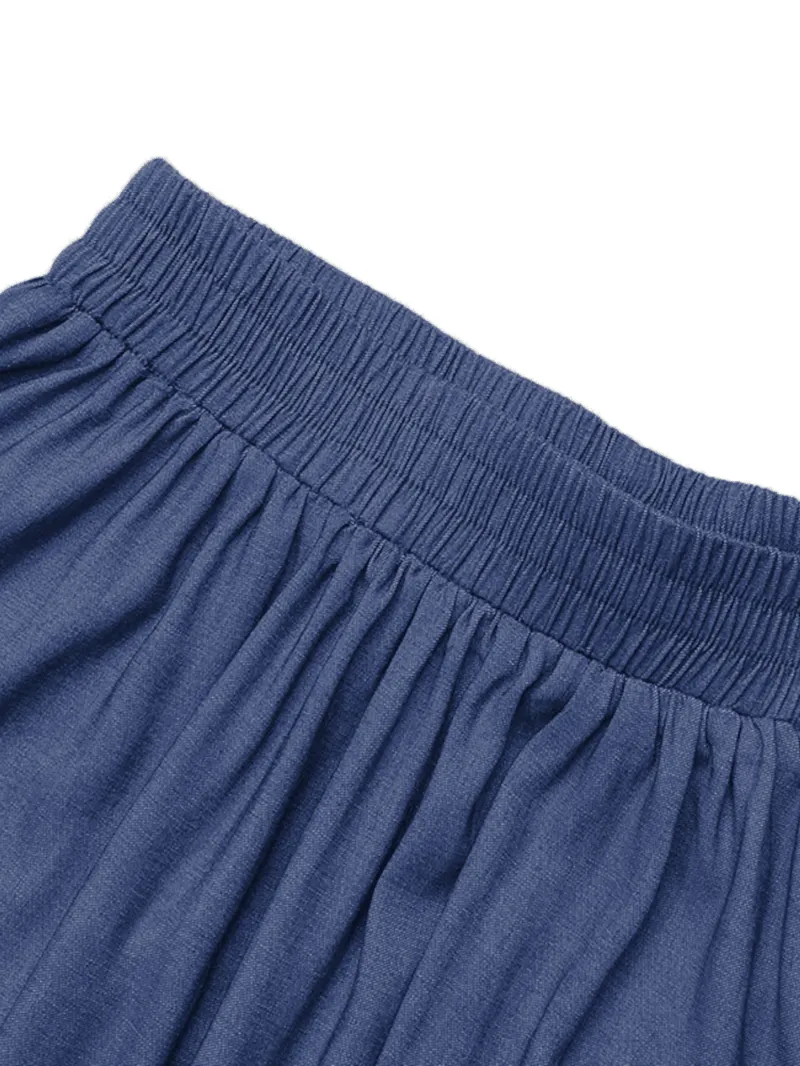 Women Pure Color Elastic Waist Simple Swing Skirts with Pocket