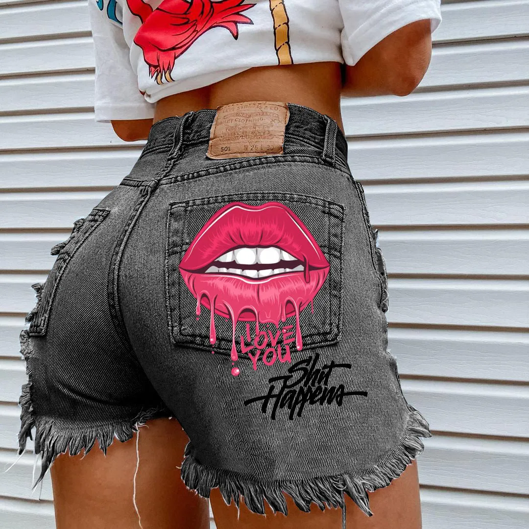 Women's Smiley Printed Sexy High Waist Ripped Denim Shorts